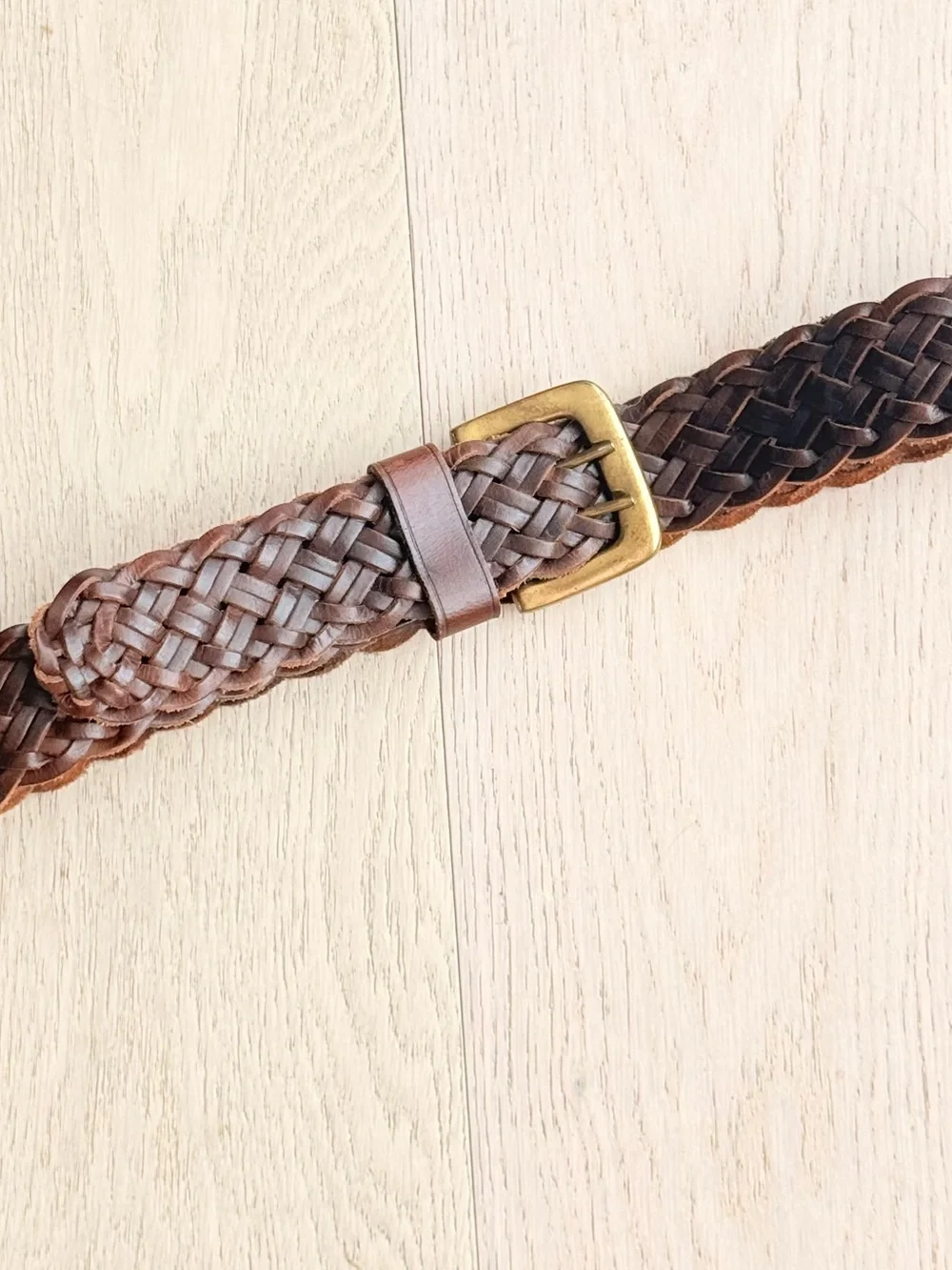 Vintage Woven Leather Belt Brown Brass Buckle Y2K Double Prong Small Medium